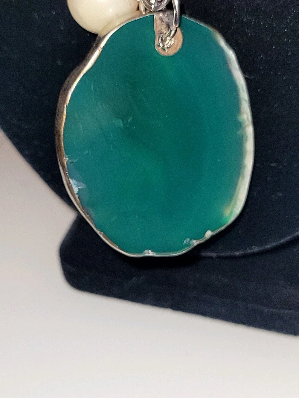 Boho Beaded Tassel Necklace Green Agate Slice Pendant Pearl Charm Adjustable